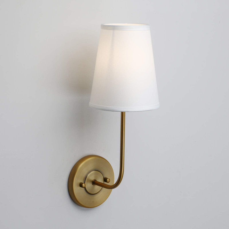 Set of 2 Antique Brass Wall Sconces with White Fabric Shades