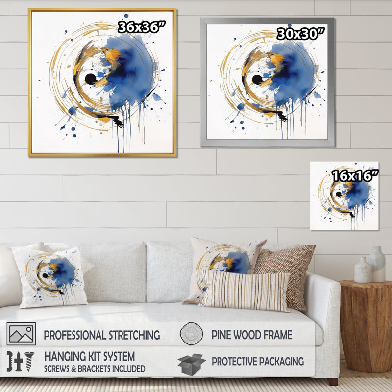 «Dark Blue & Gold Abstract Circle Texture», reproduction encadrée sur toile, H 24 po x l 24 po x P 1 po, Cadre flottant doré