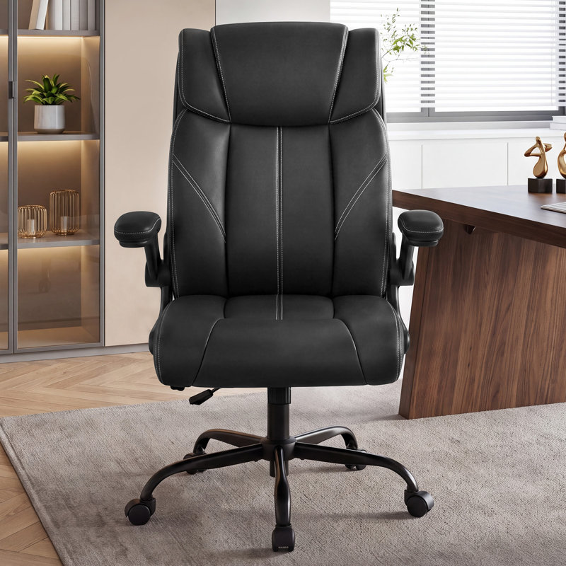 Fauteuil de bureau ergonomique en cuir avec accoudoirs rabattables, Noir