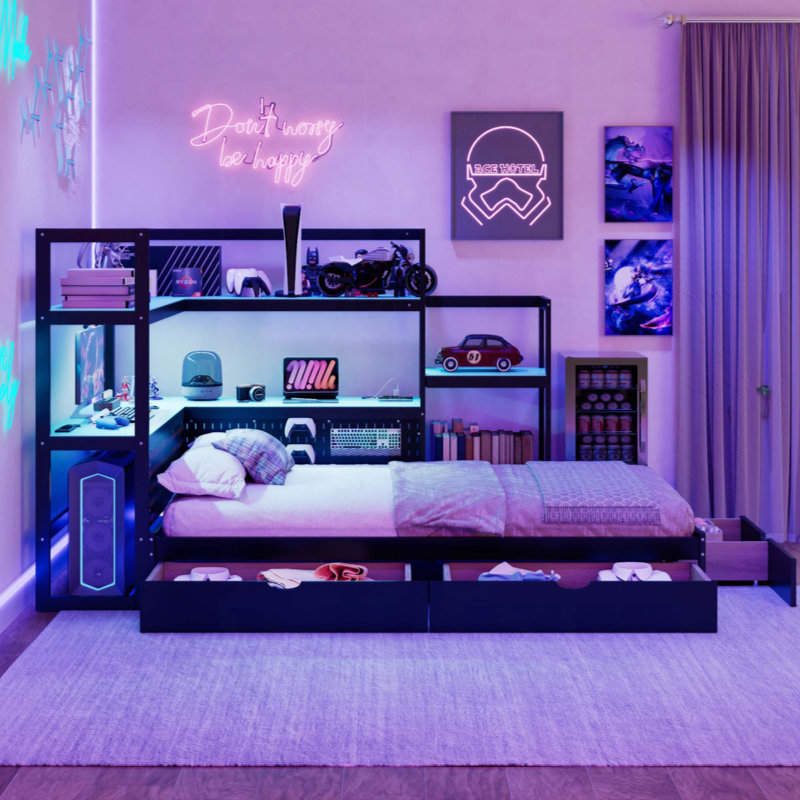 Lit de jour de jeu avec bureau intégré et lumière DEL, cadre de lit multifonctionnel avec 3 tiroirs de rangement, station de charge intégrée et tête de lit