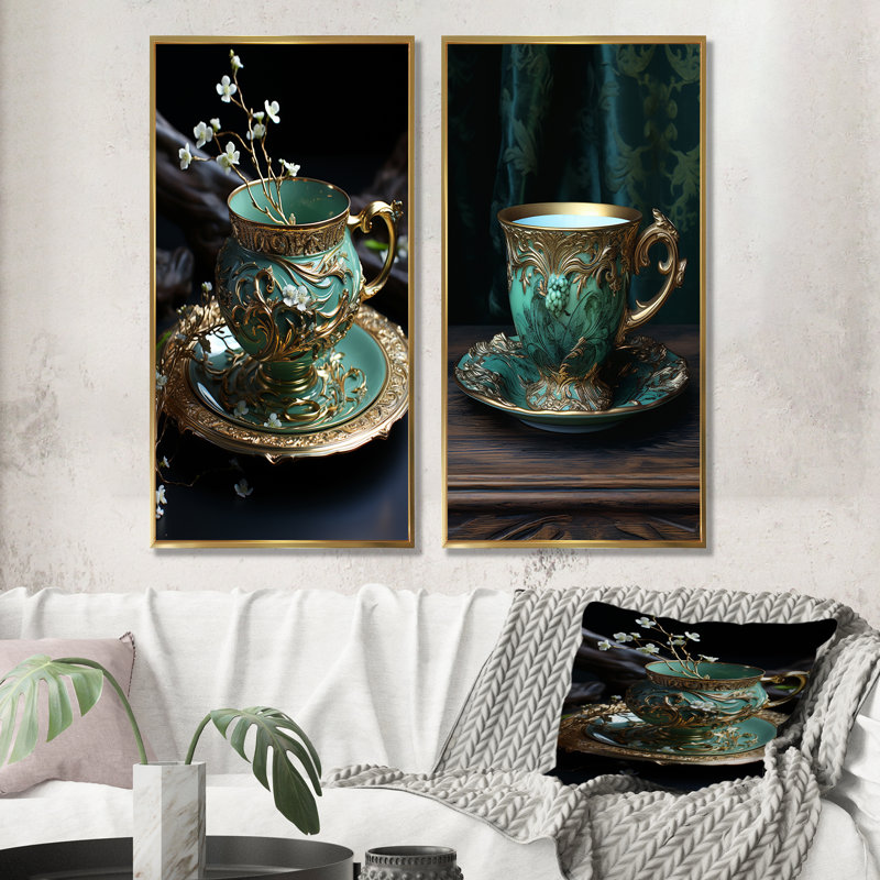 «Elixir In Tea Elegance», ensemble de 2 impressions murales sur toile, H 40 po x l 41 po, Encadrement doré