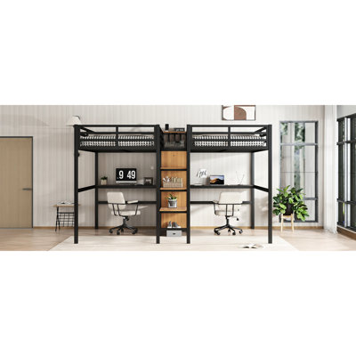 Lit mezzanine simple en métal avec bureau double, prises de courant et rangement, conception peu encombrante, garde-robe de finition, tablettes, prise de courant pour une utilisation pratique, design