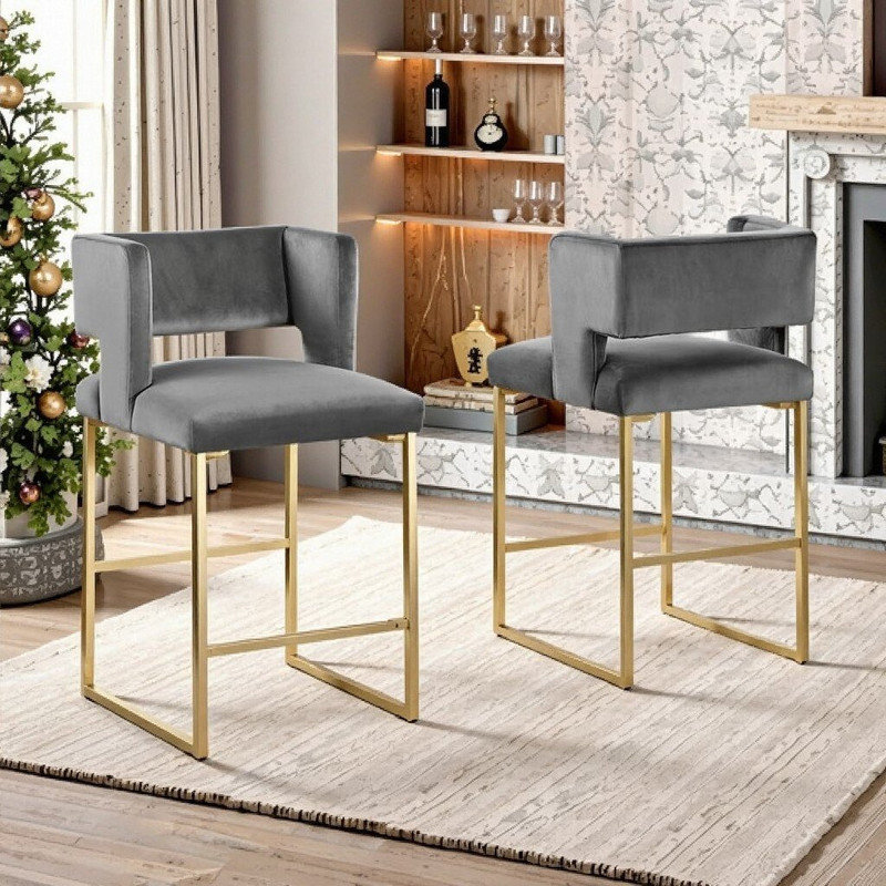 Ensemble de tabourets à hauteur de comptoir 2 pièces avec revêtement en velours de luxe et pieds en métal, Gray+Yellow