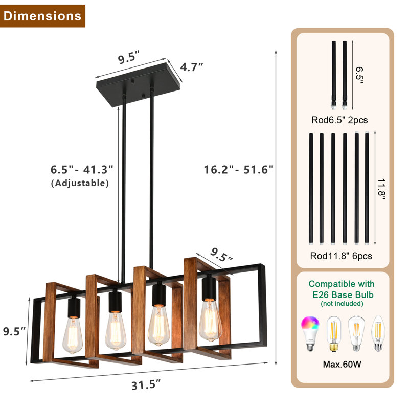 Rodnisha 4 - Light Square/Rectangle Linear Wooden Kitchen Island Pendant, Wood