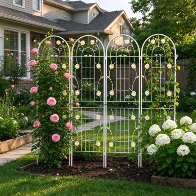 Paquet de 4 treillis de jardin en métal blanc crème, 71 po de hauteur, supportant les plantes et support pour plantes d'extérieur