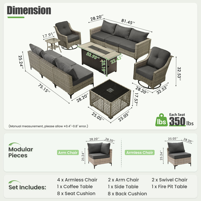 Ensemble de conversation modulaire en osier / rotin pour 8 personnes avec table basse éclairée et chaises pivotantes, ensemble de conversation modulaire d'extérieur avec coussins Emroy