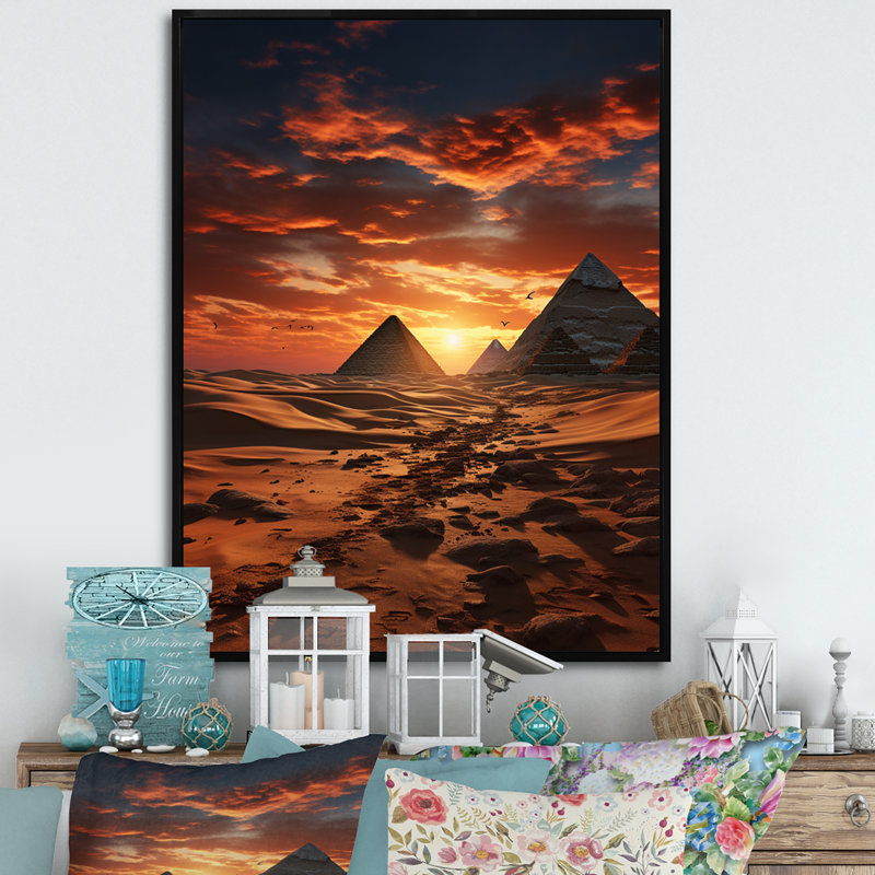 Égypte, pyramides dorées II - salon égyptien, H 32 po x l 24 po x P 1 po, Cadre flottant noir