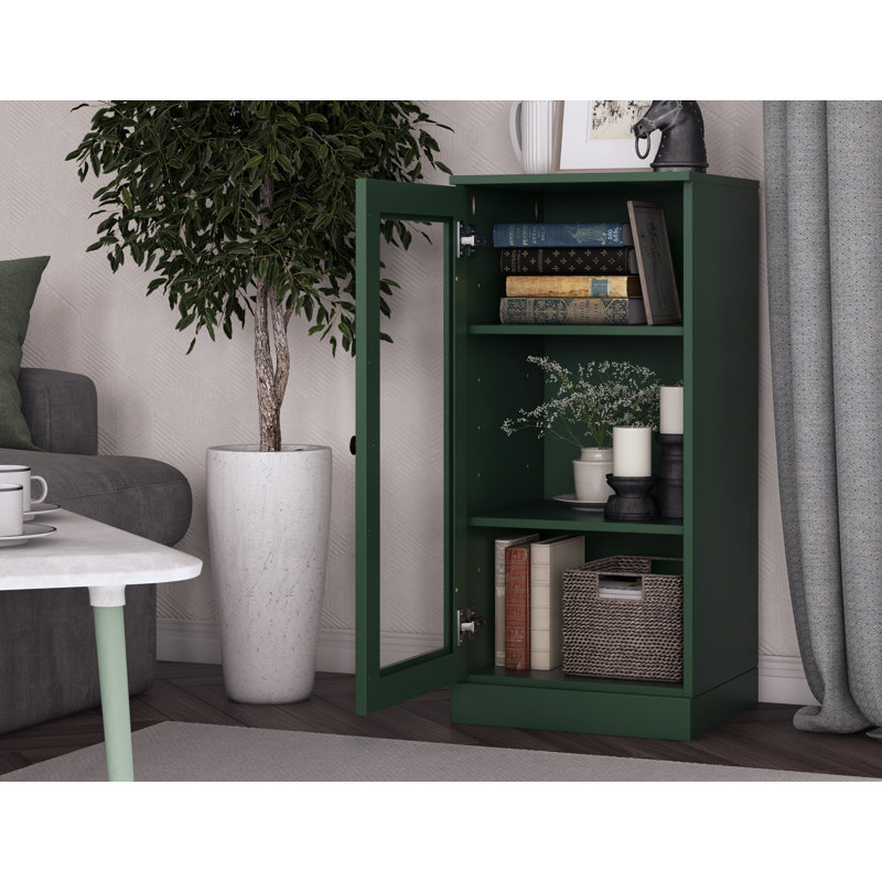Bibliothèque 100% bois massif à 3 tablettes avec porte en verre transparent et tablettes réglables, Vert