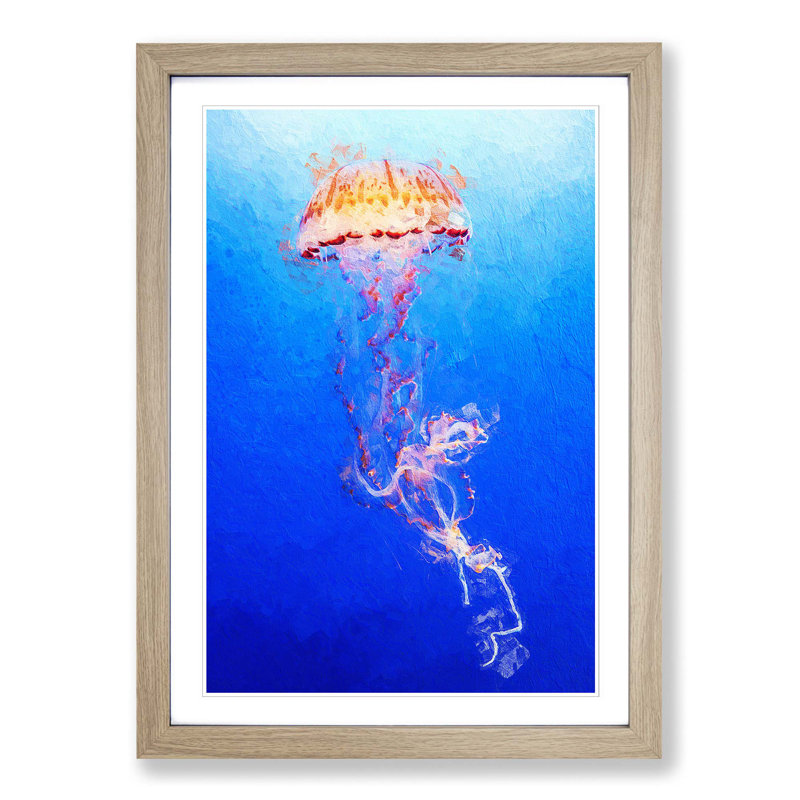 Orange Jellyfish in Abstract - Picture Frame Painting Print, 48cm H x 36cm W x 2cm D, Oak Framed