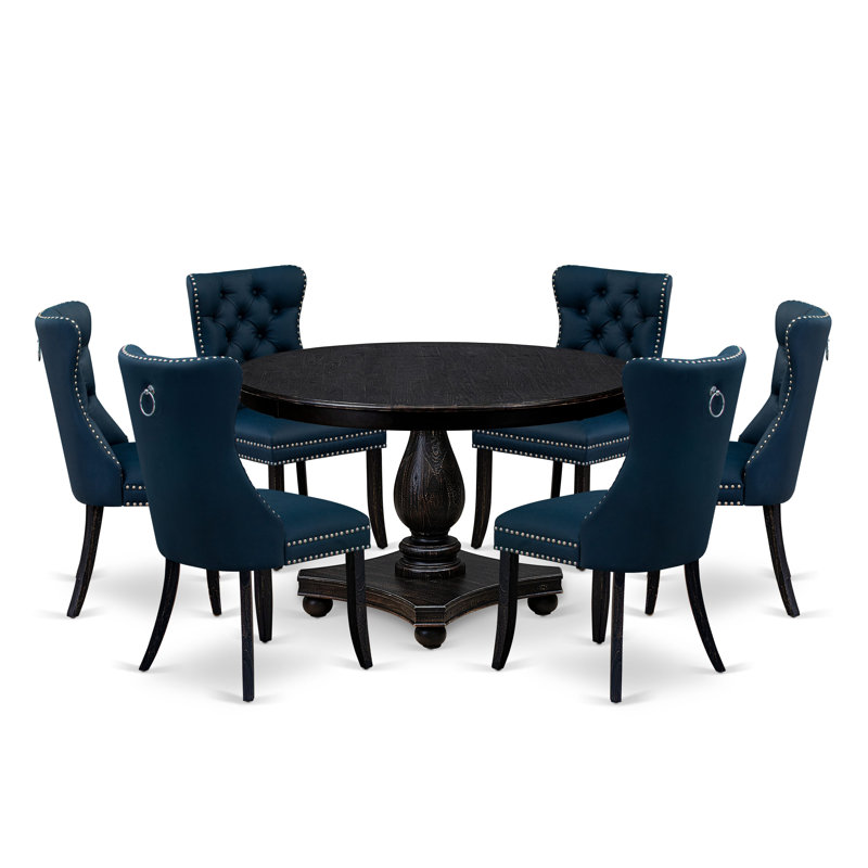7 Piece Dining Table Set Consists of a 48" Round Table with Pedestal and 6 Navy Blue Polyester Fabric Padded Chairs, Sand Blasted Black