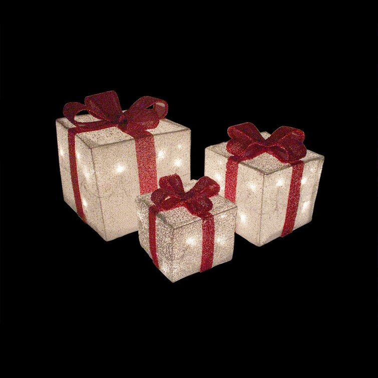 3 Piece Silver Tinsel Lighted Gift Boxes with Red Bows Outdoor Christmas Decorations Set