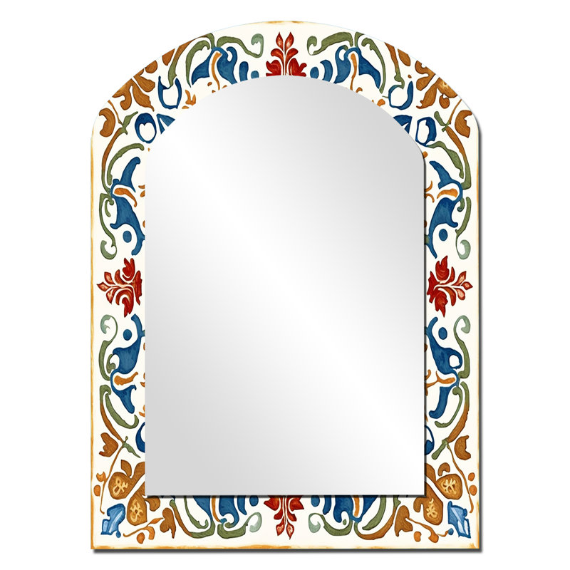 Mediterranean Tiles In Retro Blue VII - Tile Arch Decorative Mirror, Modern Asymmetrical Large Wall Mirror, Printed Metal Art
