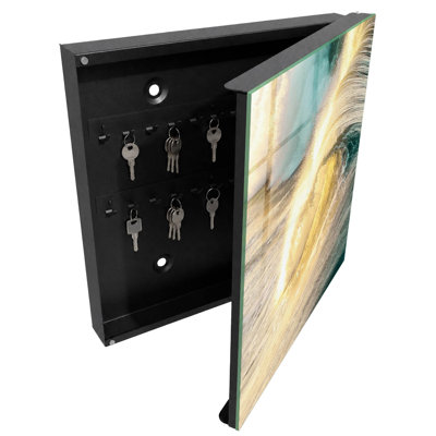 Key cabinet for wall, Opens to the right, 30x30x5, Black, Golden ocean waves in the sun, 