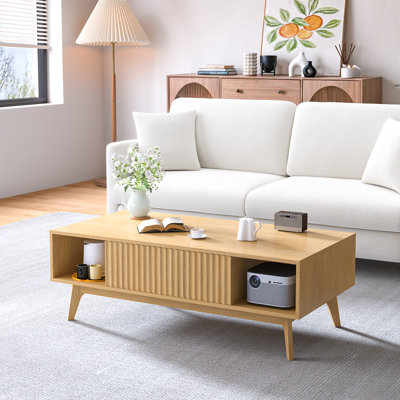 Table basse de 99 cm avec rangement, meuble bas moderne à caissons cannelés pour salon