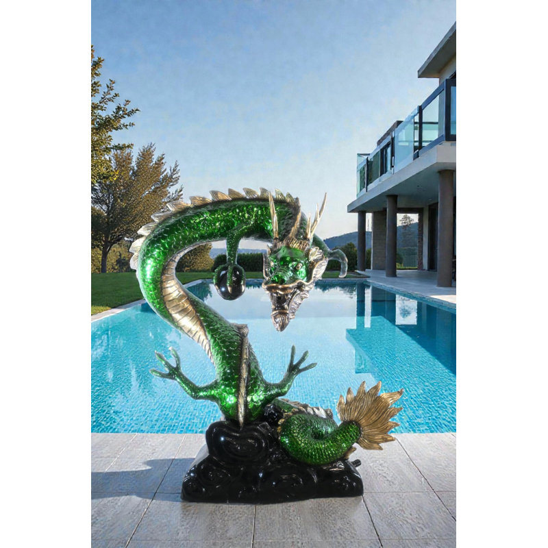Statue de dragon vert en bronze avec sphère perlée 30 po x 20 po x H 38 po