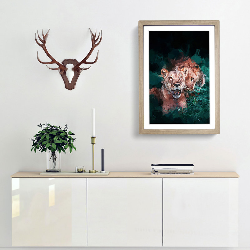 Lioness Duo in Abstract - Picture Frame Graphic Art Print, 76cm H x 50cm W x 2cm D, Oak