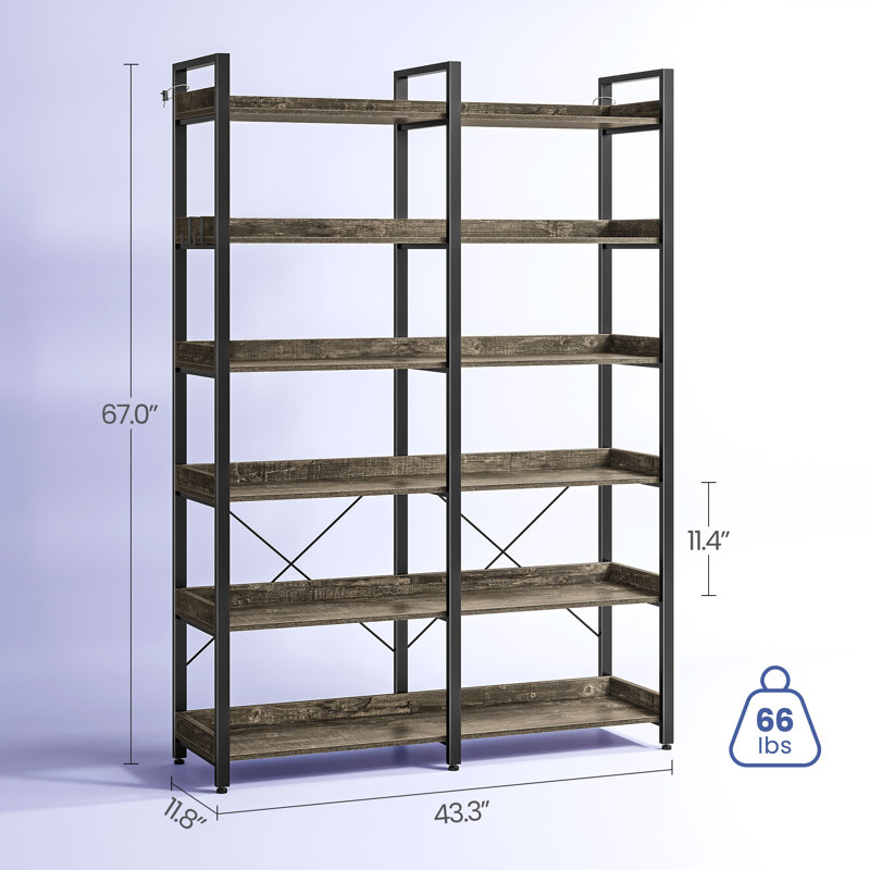 Bookshelf 6 Tier with 4 Hooks and fence, etagere bookcase with Open Shelves, Black/Grey
