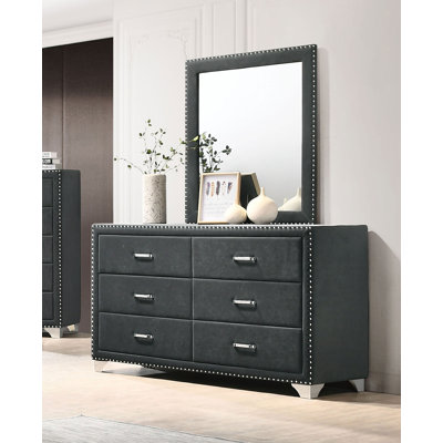 Jelizaveta 6-drawer Upholstered Dresser with Mirror Grey