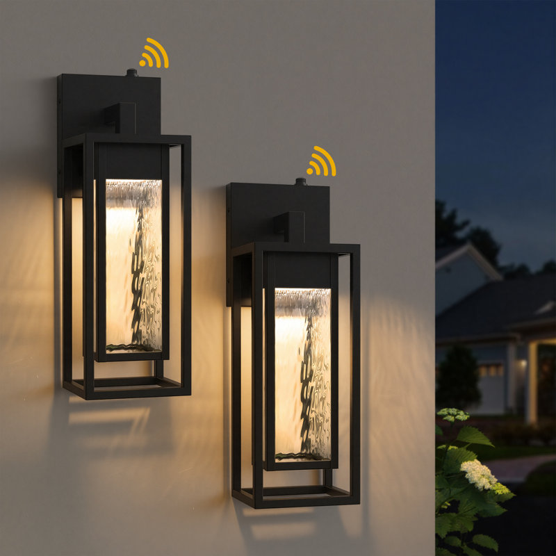 15''H Dimmable LED Black Outdoor Wall Light with Water Glass and Dusk to Dawn