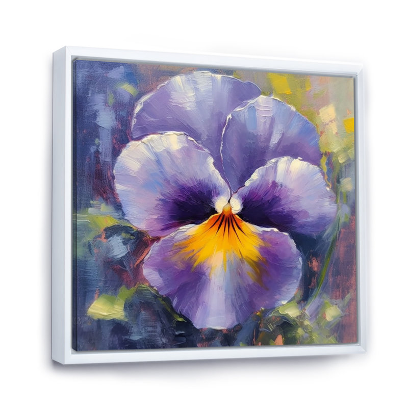 Natures jaunes mauves, pensées I, H 16 po x l 16 po x P 1 po, Cadre flottant blanc