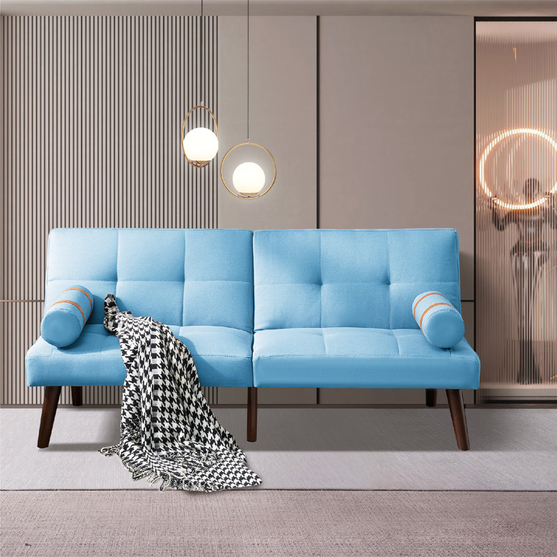 Futon et matelas à dossier capitonné en lin Trayton de 65,7 po de largeur, Lin bleu