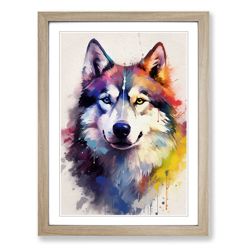 Husky Gestural - Single Picture Frame Print on Wood, Oak, 34cm H x 25cm W x 2cm D