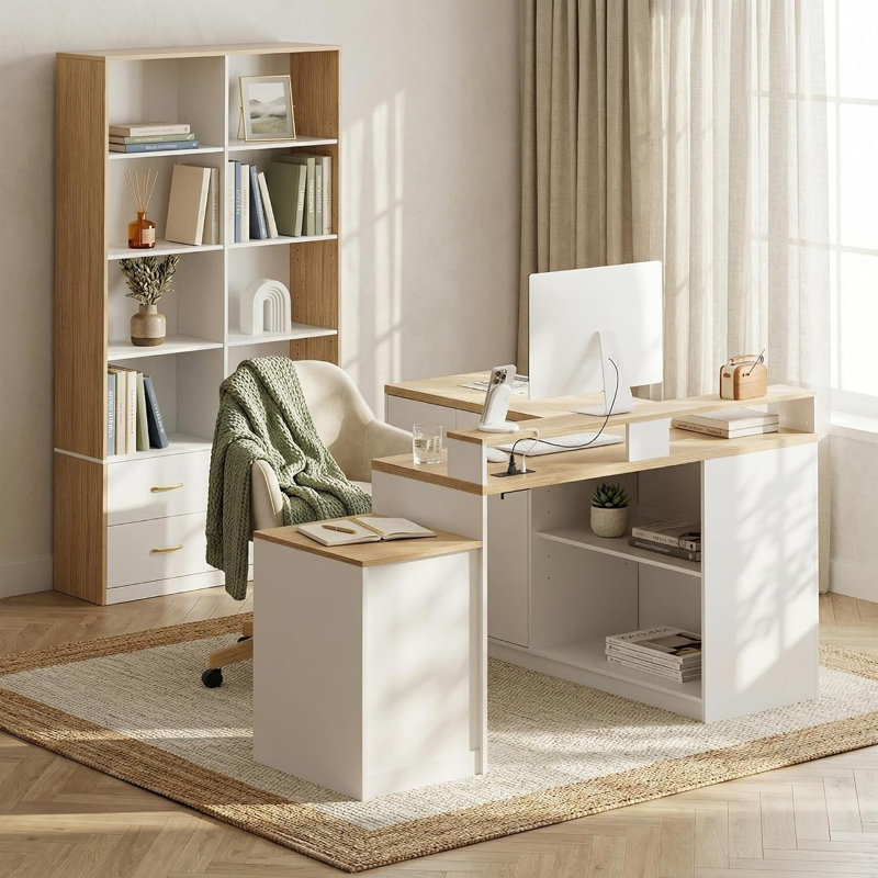 Bureau d'ordinateur en L avec support pour écran, station de charge et rangement, White