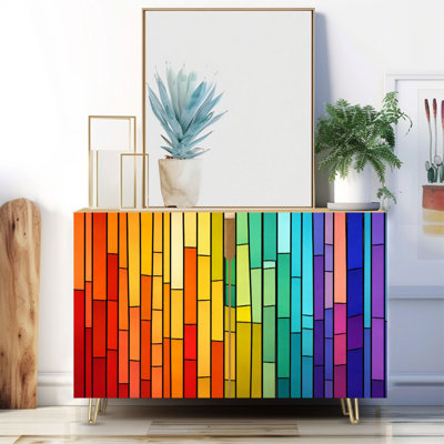 Narrow 35.4'' Wide Sideboard Buffet Cabinet - 2-Door Accent Storage Cabinet With Colorful stained glass window Abstract stained Print And Metal Legs