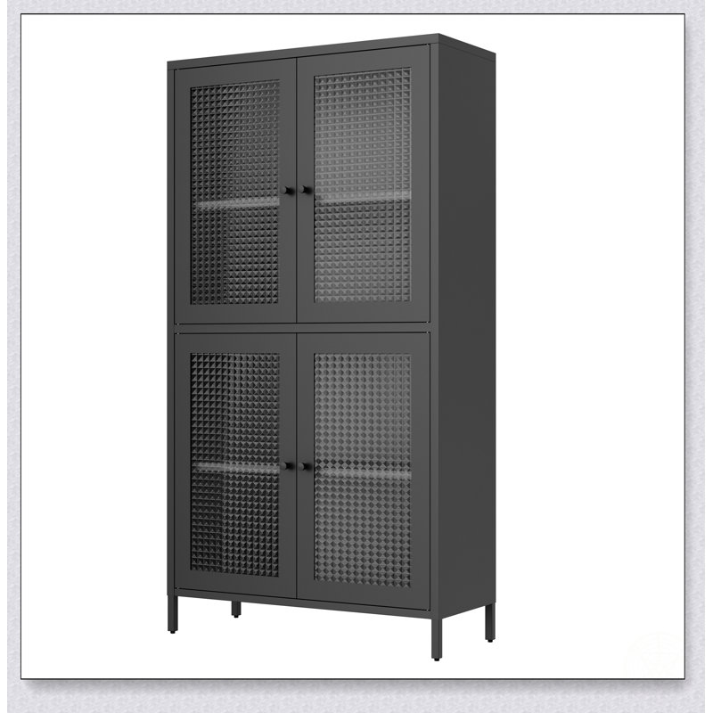 Classic Metal Storage Cabinet With 4 Glass Doors And 4 Shelves, Waffle Grids Tempered Glass For Home And Office