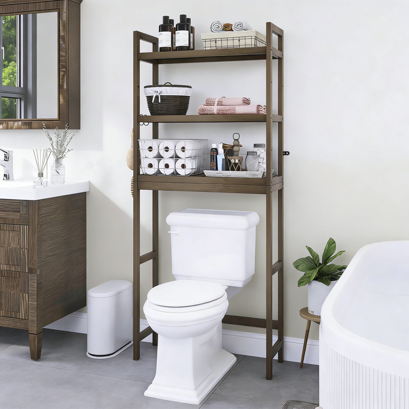 Bamboo 3-Tier Over The Toilet Organizer Rack Adjustable Shelves Walnut, Walnut