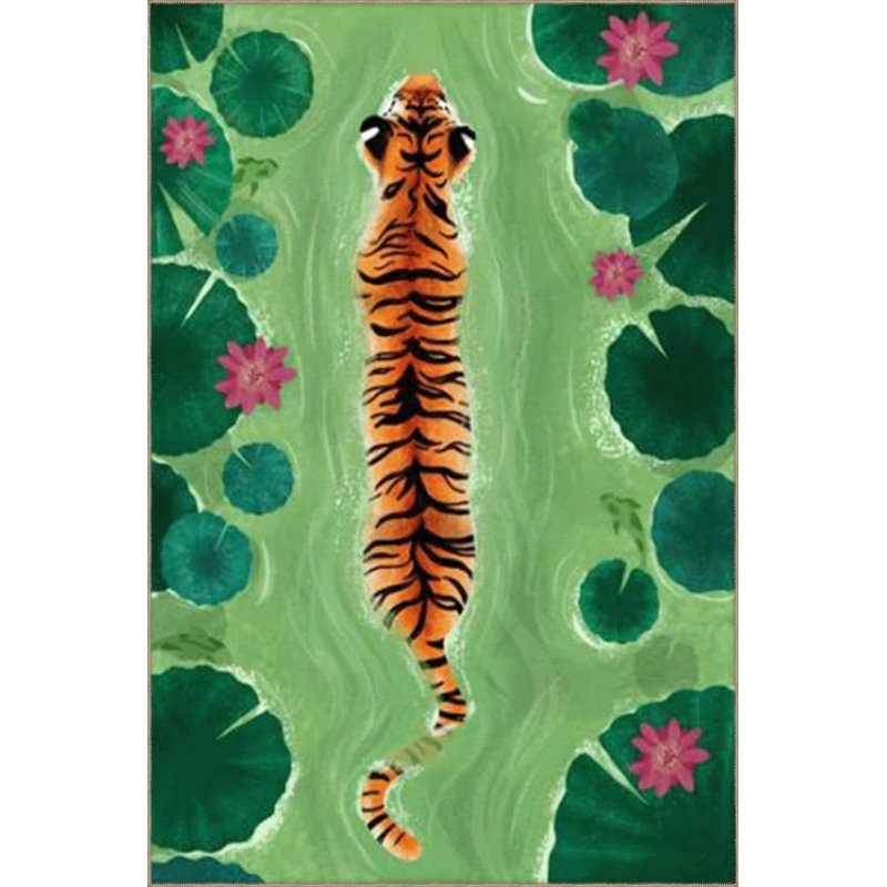 Green Themed Lake And Tiger Patterned Creative Modern Decorative Carpet, Runner 2'6" x 6'7"