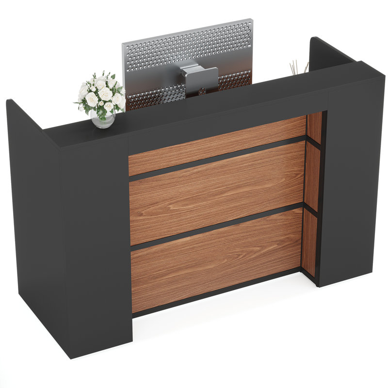 Kyeron 63'' Reception Desk with Led Lights Sturdy Base, Black/Walnut