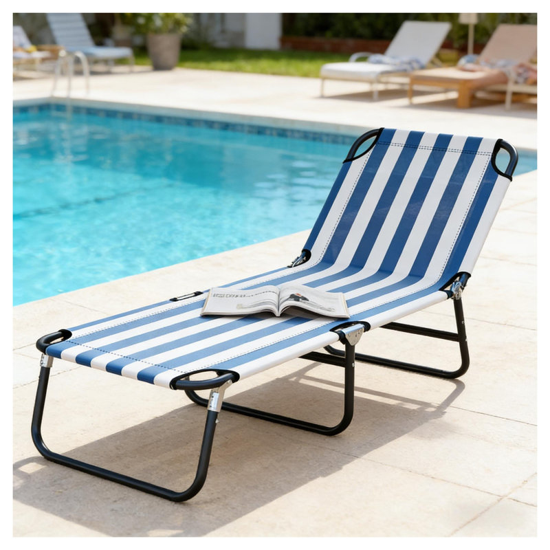 Chaise longue de camping, fauteuil de bronzage pliant moderne avec structure en acier, tissu Oxford bleu et blanc pour l'extérieur, la piscine et la plage