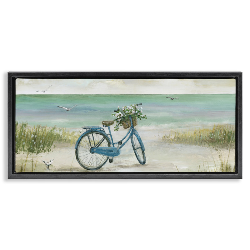 Vélo avec panier de fleurs sur la plage, art mural sur toile flottante, design par Nan, H 11 po x l 25 po