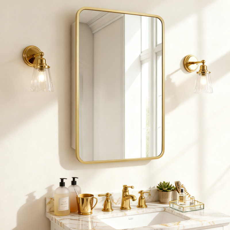 Armoire à pharmacie en aluminium avec miroir, Doré, H 30 po x l 19 po x P 3,8 po
