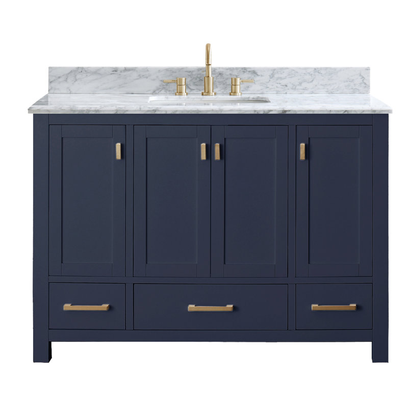 Modero 48" Single Bathroom Vanity with Top, Carrera White Marble, Gold, Navy Blue