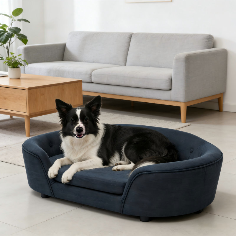 Canapé pour chien surdimensionné en lin bleu foncé avec dossier capitonné, Bleu très foncé