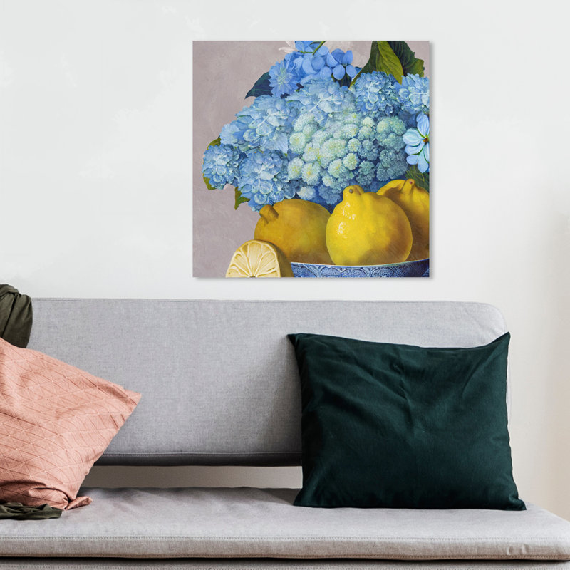 Hortensias et jour des citrons - Peinture, H 12 po x l 12 po, Toile tendue