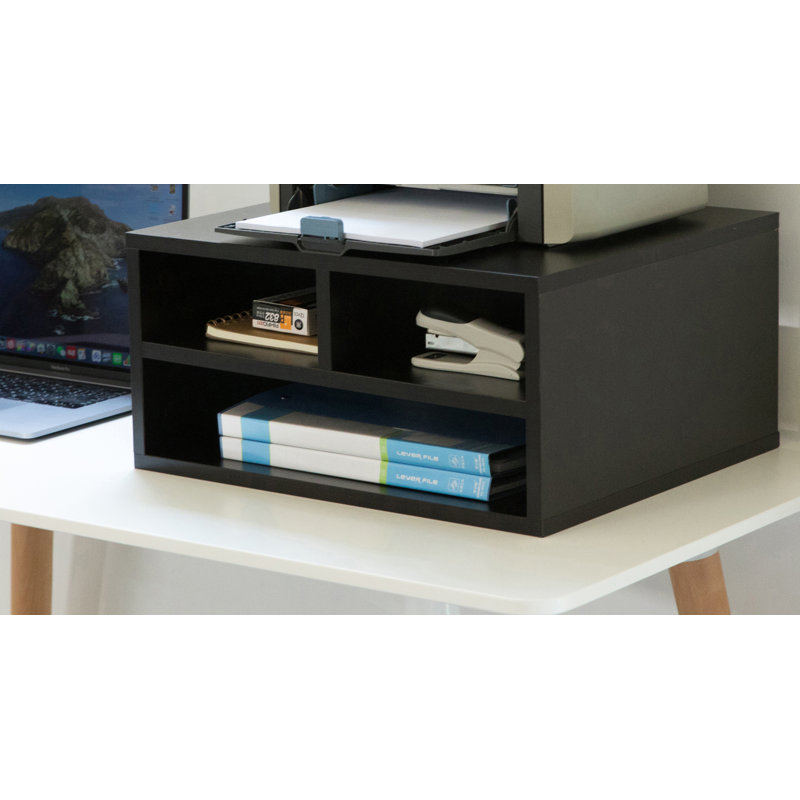 Black Wood Desktop Printer Stand Shelf, Office Desk Organizer with Storage Compartments for Printer, Paper, Files, and Supplies