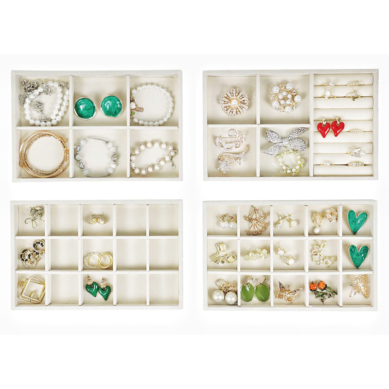 Ensemble de 4 plateaux de rangement empilables pour bijoux, organisateur de boucles d'oreilles en velours, présentoir de rangement de présentoir à bijoux (beige)