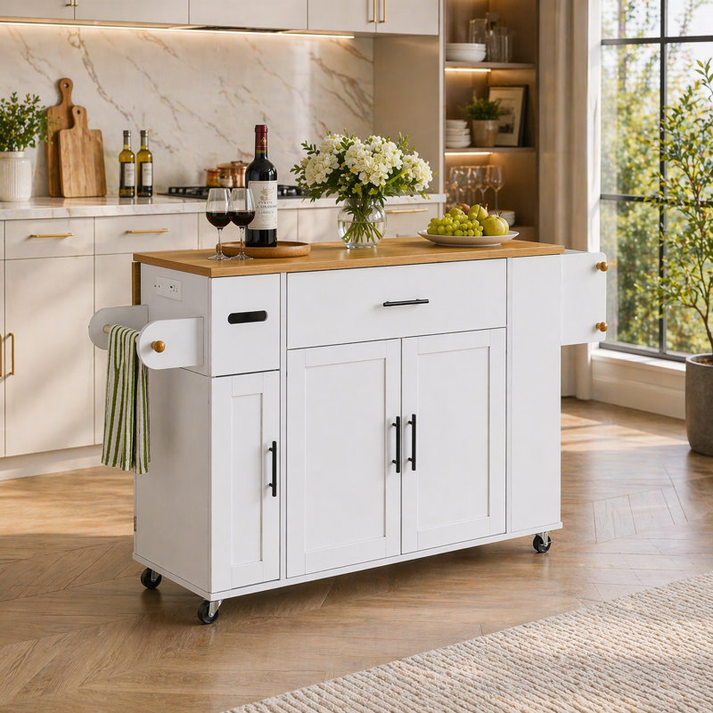 60.32"W Kitchen Island Cart with with Drop-Leaf Tabletop, Two Large Storage Cabinet,Drawers, Locking Wheels,USB-A/USB-C,& 2 AC outlet