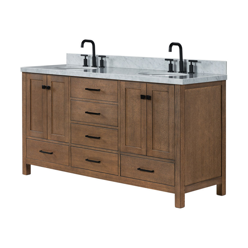 Amariani 67'' Free Standing Double Bathroom Vanity with Marble Top, Brown Oak, Oval