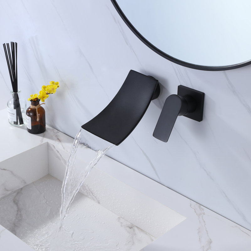 Robinet de lavabo de salle de bain mural à 2 trous à poignée simple avec bec cascade noir mat (valve incluse), Noir mat
