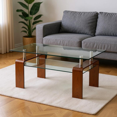 Table basse 39 "en verre transparent et brun avec tablette