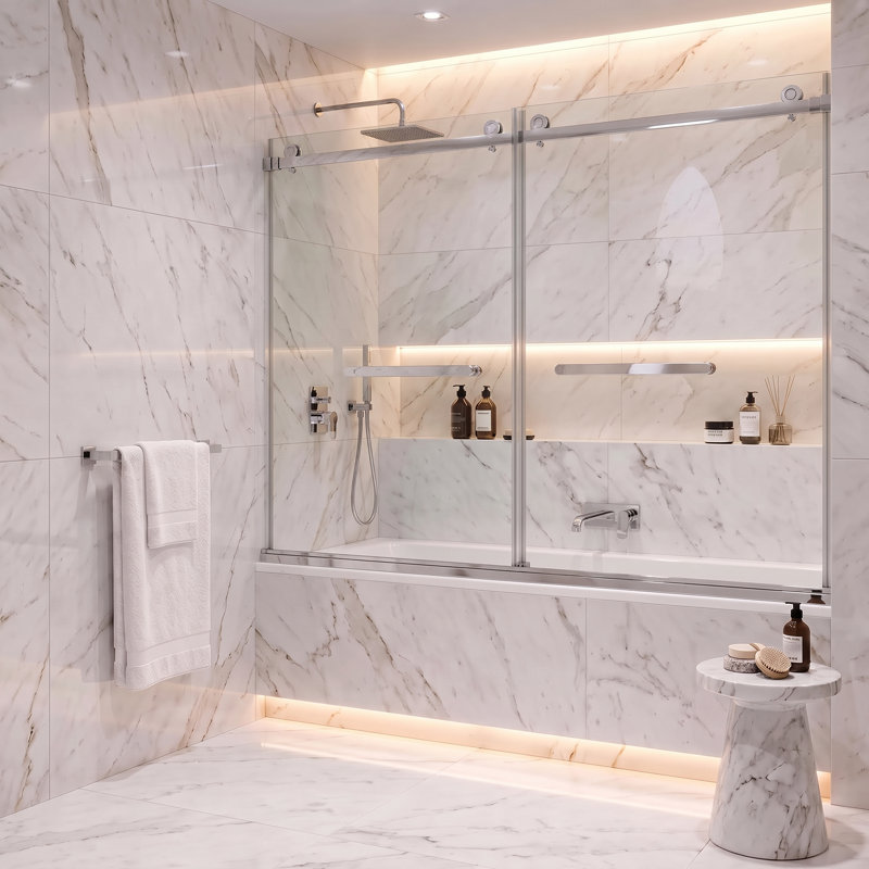 Porte de baignoire coulissante double sans cadre Fine Fixtures 60 po x 66 po, chrome poli, Chrome poli