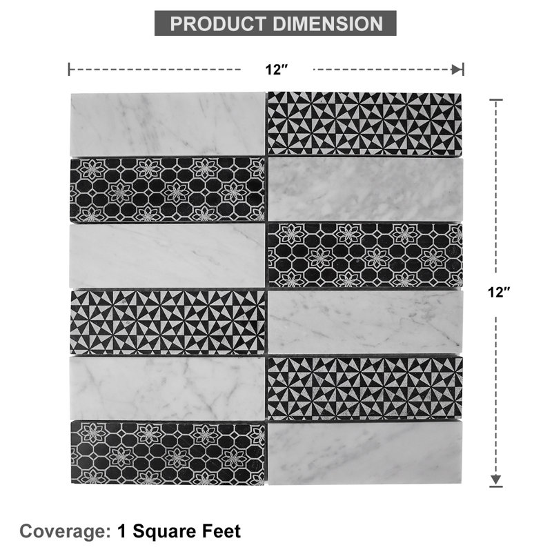Biron Stacked Marble Mosaic Wall Tile, Black/Marble