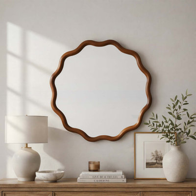 Elegant Wavy Round Wood Frame Mirror