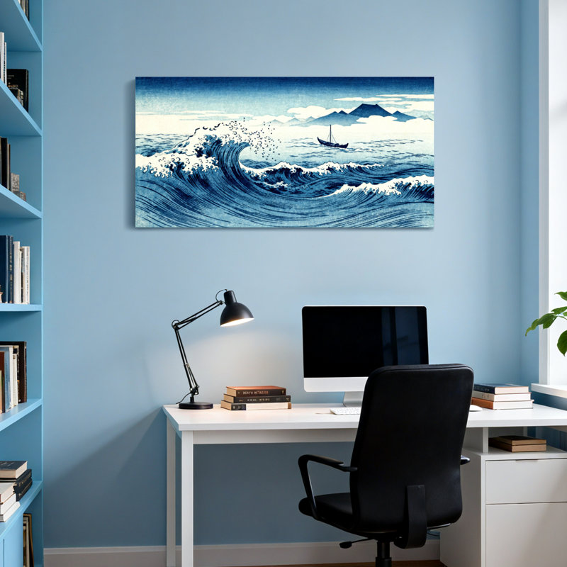 Paysage et nature océan vague bateau montagne ciel nuages bleu, H 16 po x l 32 po
