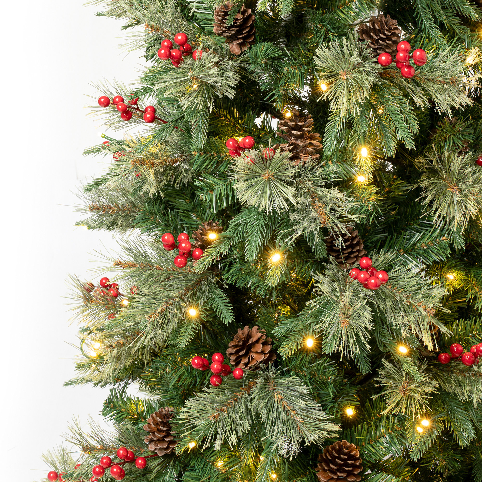 The Holiday Aisle® Virginia Pine Slim Tree with Red Berries and Pinecones, Warm White LED Lights, 7.5'