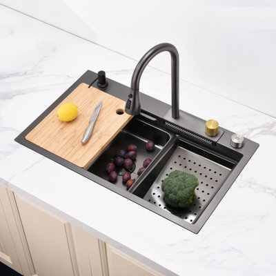 Flying Rain Waterfall Drop In Kitchen Sink Workstation With Pull-Out Faucet Single Bowl Kitchen Sink Stainless Steel Kitchen Basin With Cutting Board